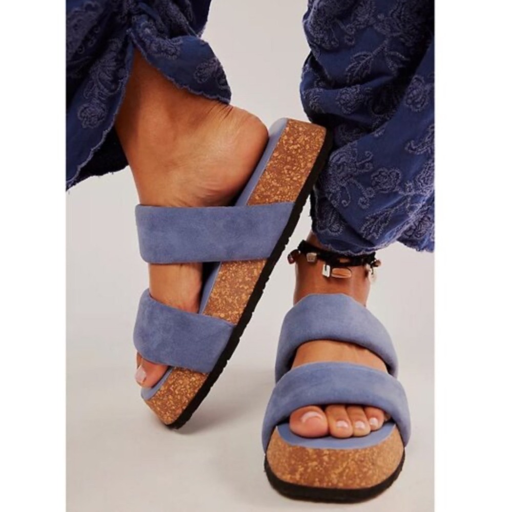Free People Fairmount Flared Platform Sandals Blue Leather‎ Size 9 Y2K Boho 90s